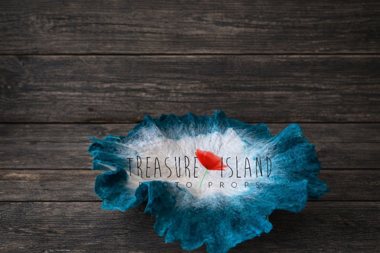 Petal Nest Blanket – Blush Cloud, hand felted newborn photography prop in ocean deep blue with white center, organic flower shape, luxury fine art baby photo styling backdrop