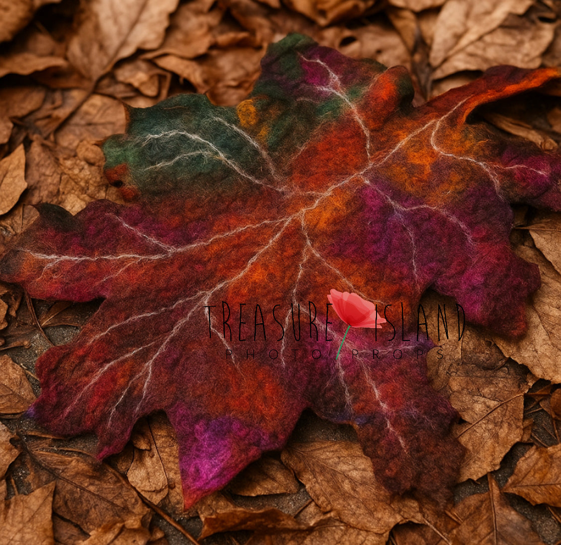 Colorful leaf on a bed of brown leaves with 'Treasure Island' branding.