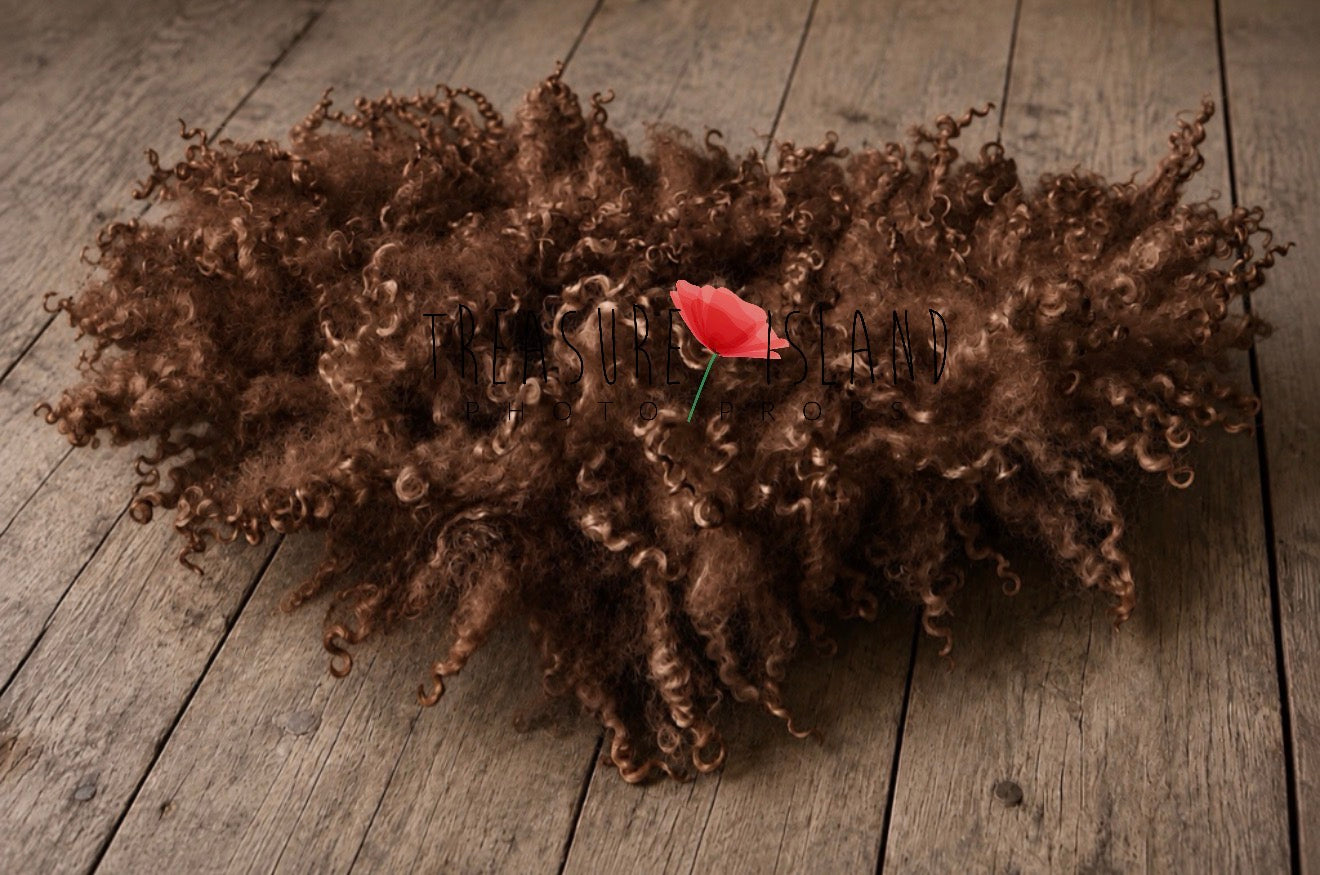 Truffle Chocolate hand felted curly wool blanket with natural sheep curls for newborn photography