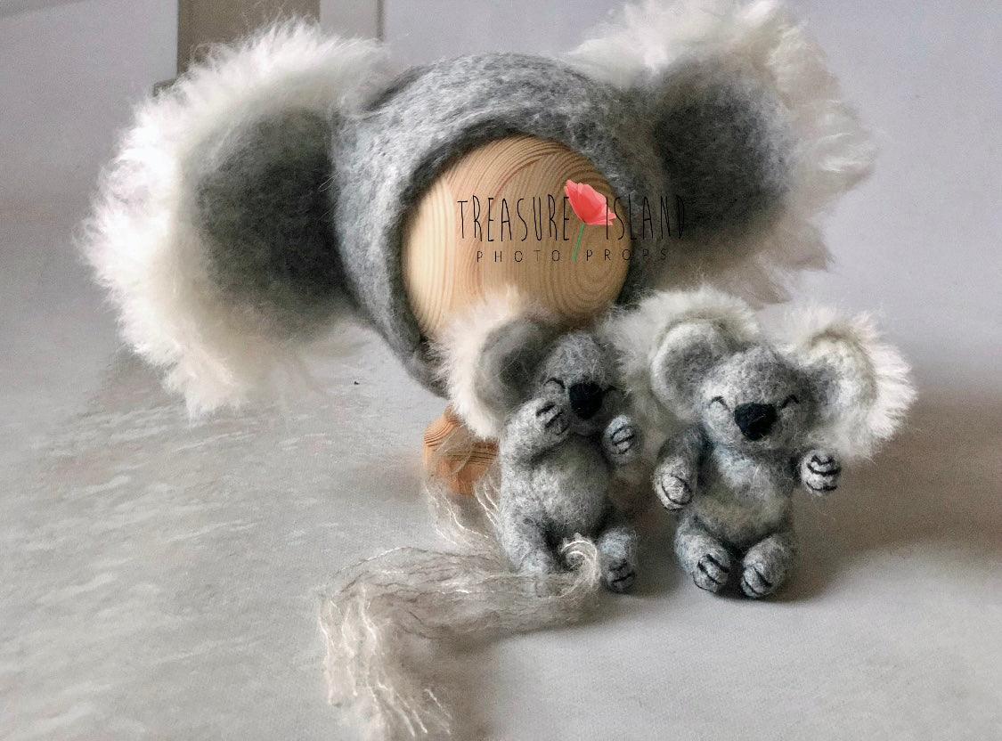 Felted Koala Set – Hat & Toy for Newborn & Sitter | Customizable Baby Photo Props