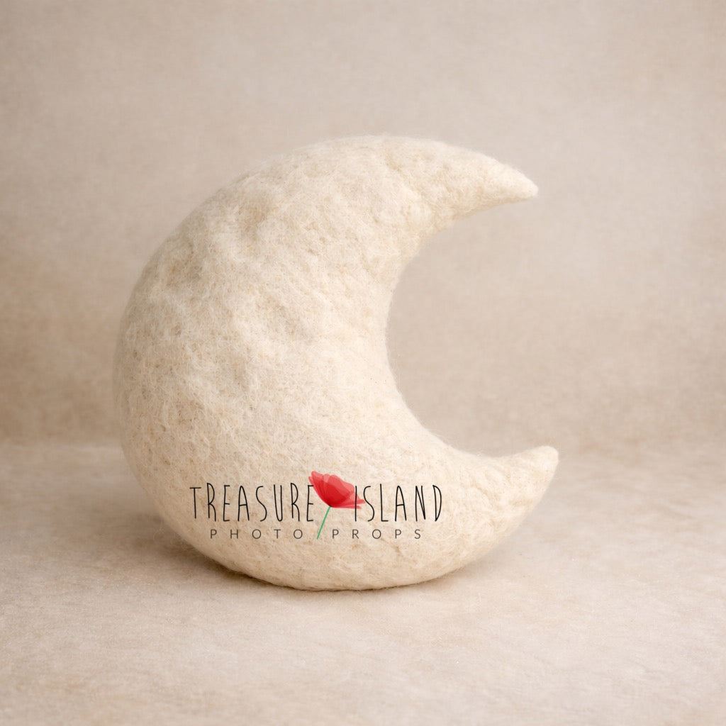 Hand-felted Moon Rabbit newborn photography set featuring a crescent moon pillow, bunny bonnet, miniature rabbit companion and rice cookie, inspired by Asian folklore and moonlit fairytale stories