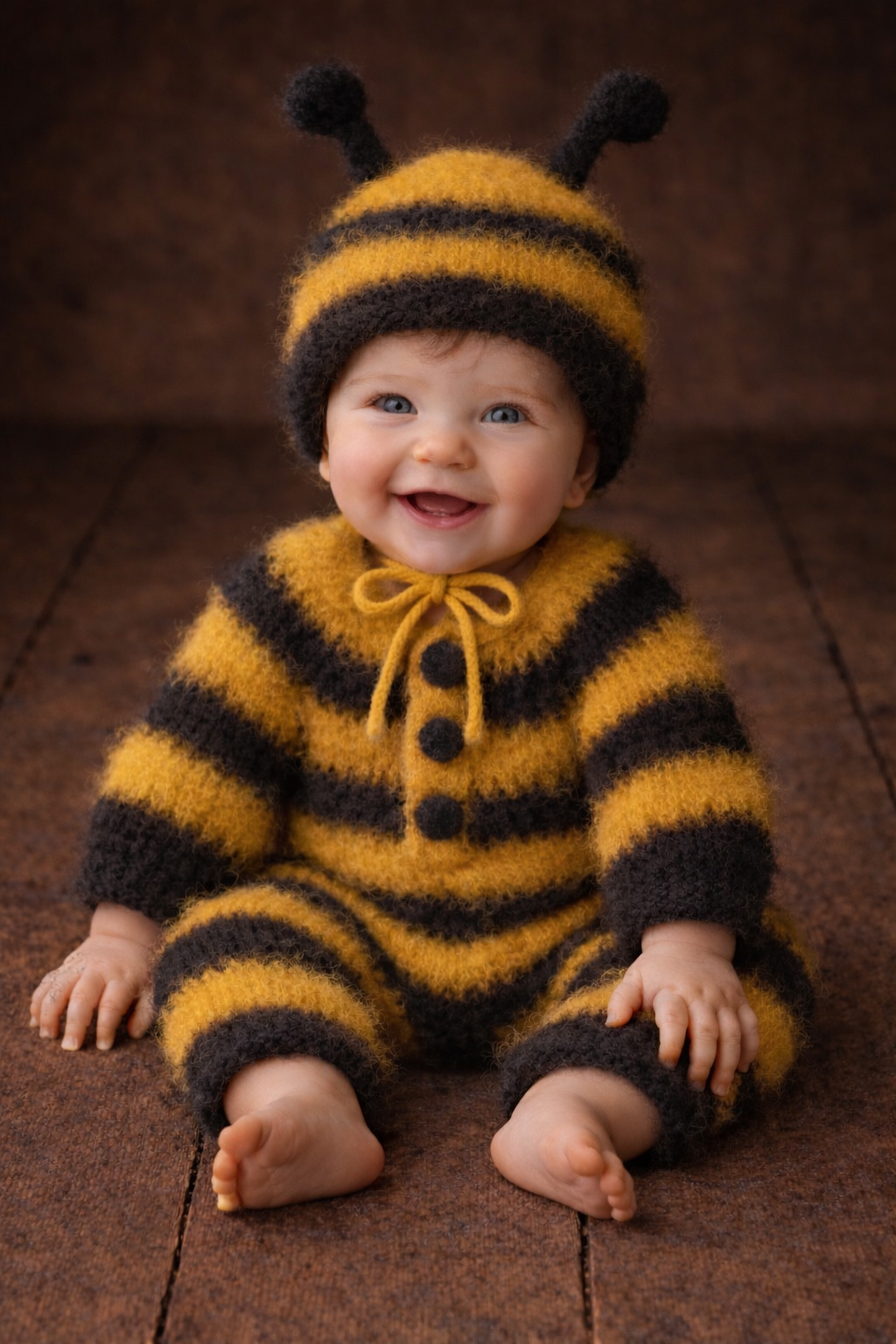Handmade fuzzy wool baby bee outfit for sitter photoshoot, yellow and black striped knit romper with bonnet and antennae, soft natural texture, newborn and sitter photography prop, wooden rustic background