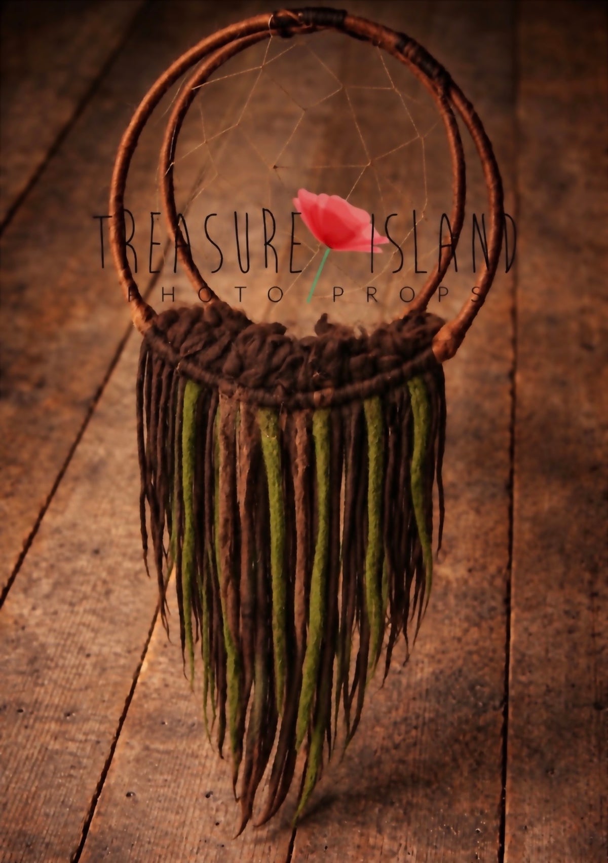 Handmade woodland dream catcher newborn photography prop with brown and green hand-felted wool dreadlocks