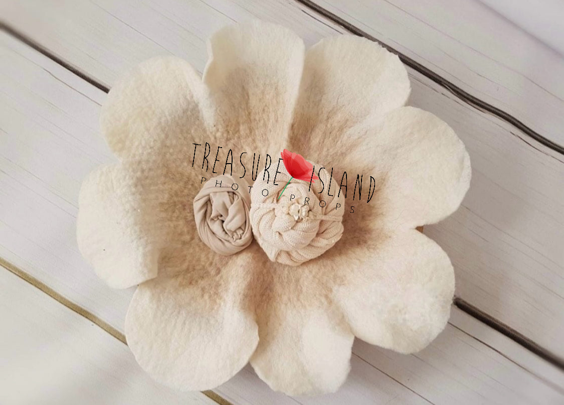 FLOWER BLANKET SET cream beige ✨felted flower ✨stretch wraps ✨headband ✨flower blanket