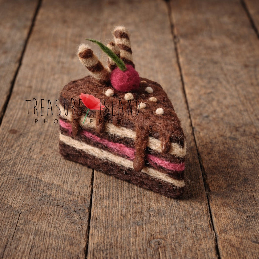 Chocolate Velvet Cherry Cake – Hand-Felted Dessert Slice | Newborn Photography Prop