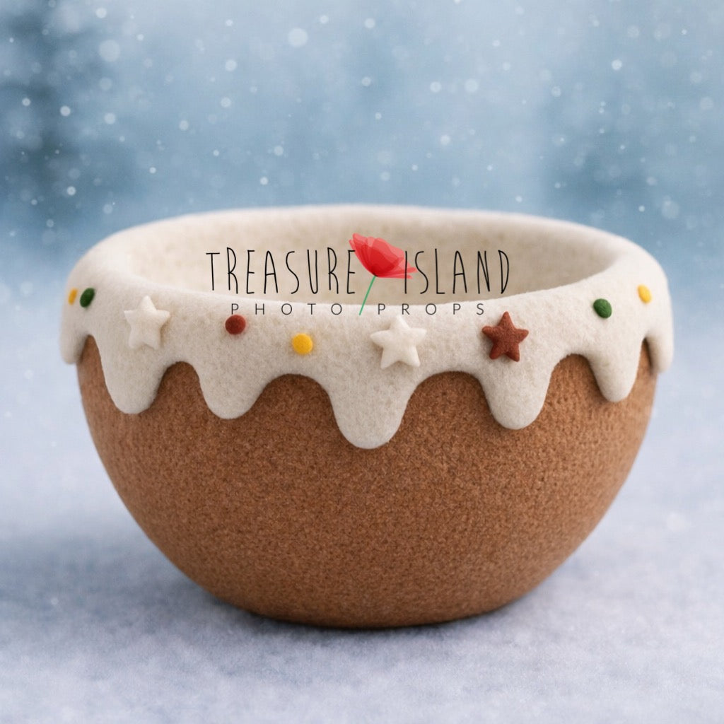 Luxury milk chocolate gingerbread style bowl with felt snow icing and stars – Christmas newborn photography prop