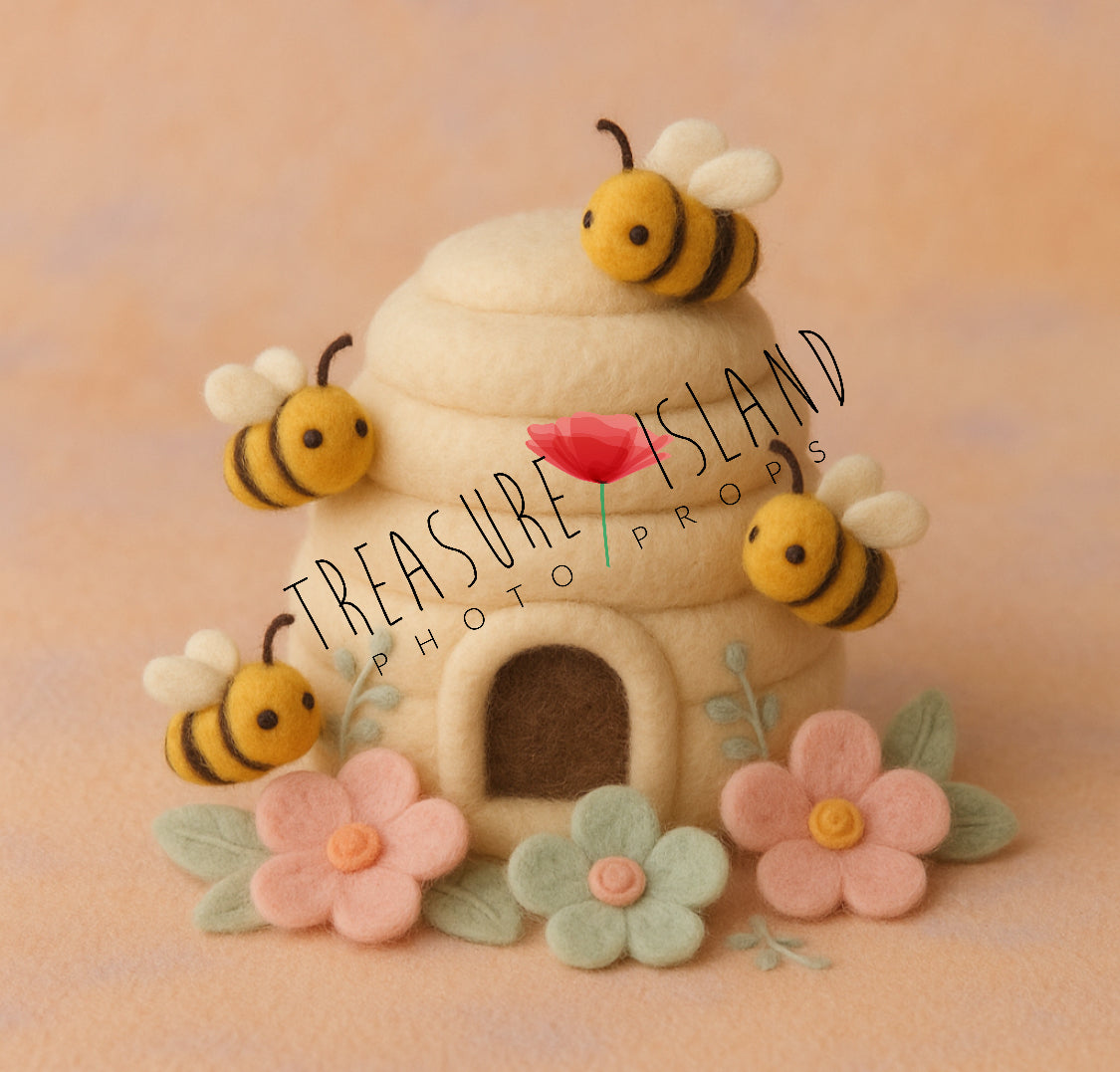 Handmade Cream Felt Beehive Set with Bees and Pastel Flowers