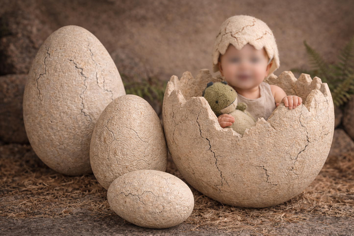 Styrofoam dinosaur egg shell bowl with matching styrofoam eggs and hand-felted dinosaur bonnet – DINO Collection photography prop set