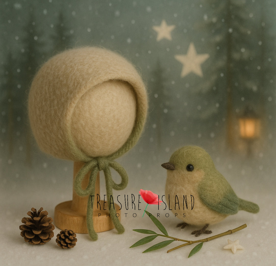 Season of Winter – 季節の冬 – Felted Bonnet & Uguisu Bird Set