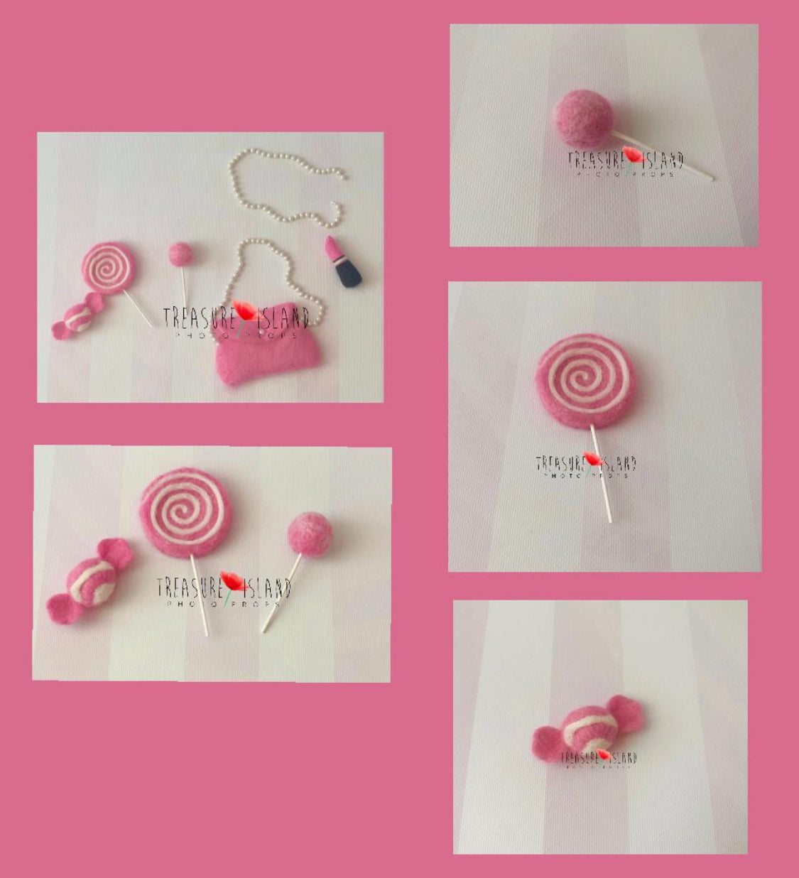 NEEDLE Puppenzubehör ✨ Handtasche ✨ Lippenstift ✨ Perle ✨ Süßigkeiten ✨ Lutscher ✨ rosa Accessoires