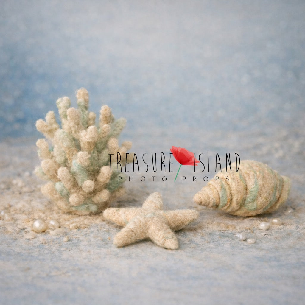 Hand felted coral, starfish and seashell set in beige and mint tones, fine art newborn ocean photography prop
