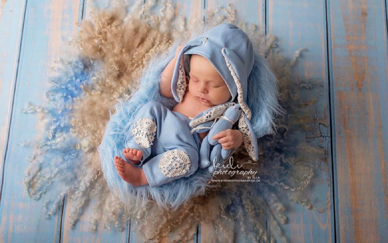 COASTAL BLUE Curly Wool Blanket | Hand Felted Natural Sheep Curls Photography Prop