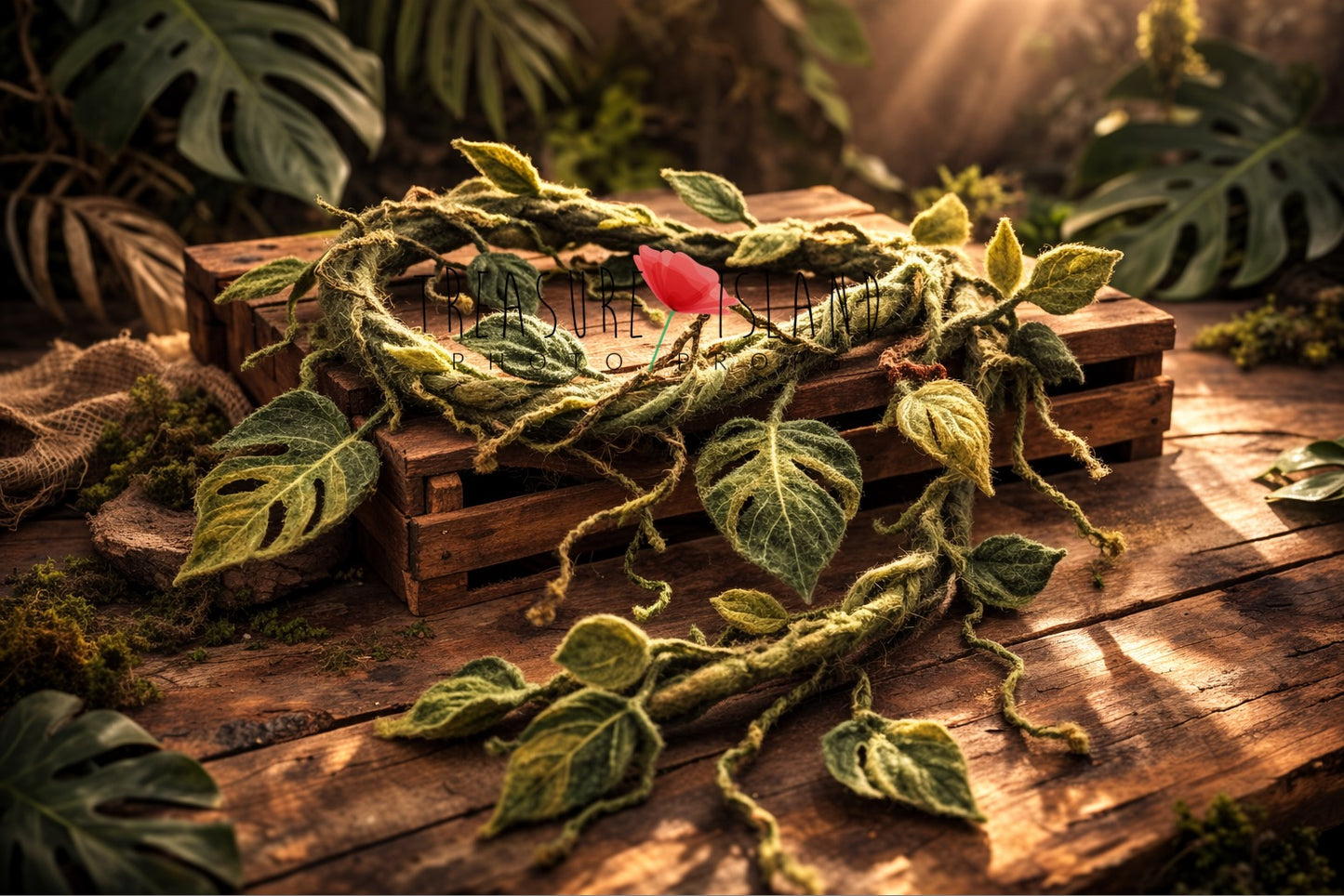 Luxury Tropical Jungle Garland with Monstera & Palm Leaves – 3D Felted Safari Photography Prop