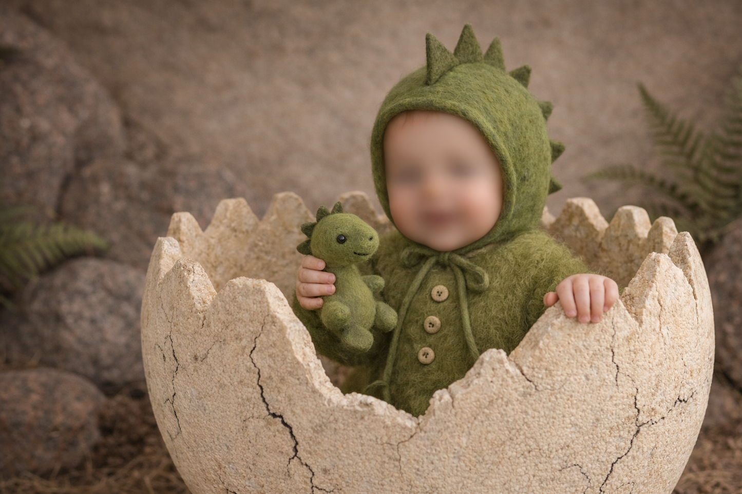 Green Dino Bonnet & Toy – Hand-Felted Set - LUXURY DINOSAUR Collection