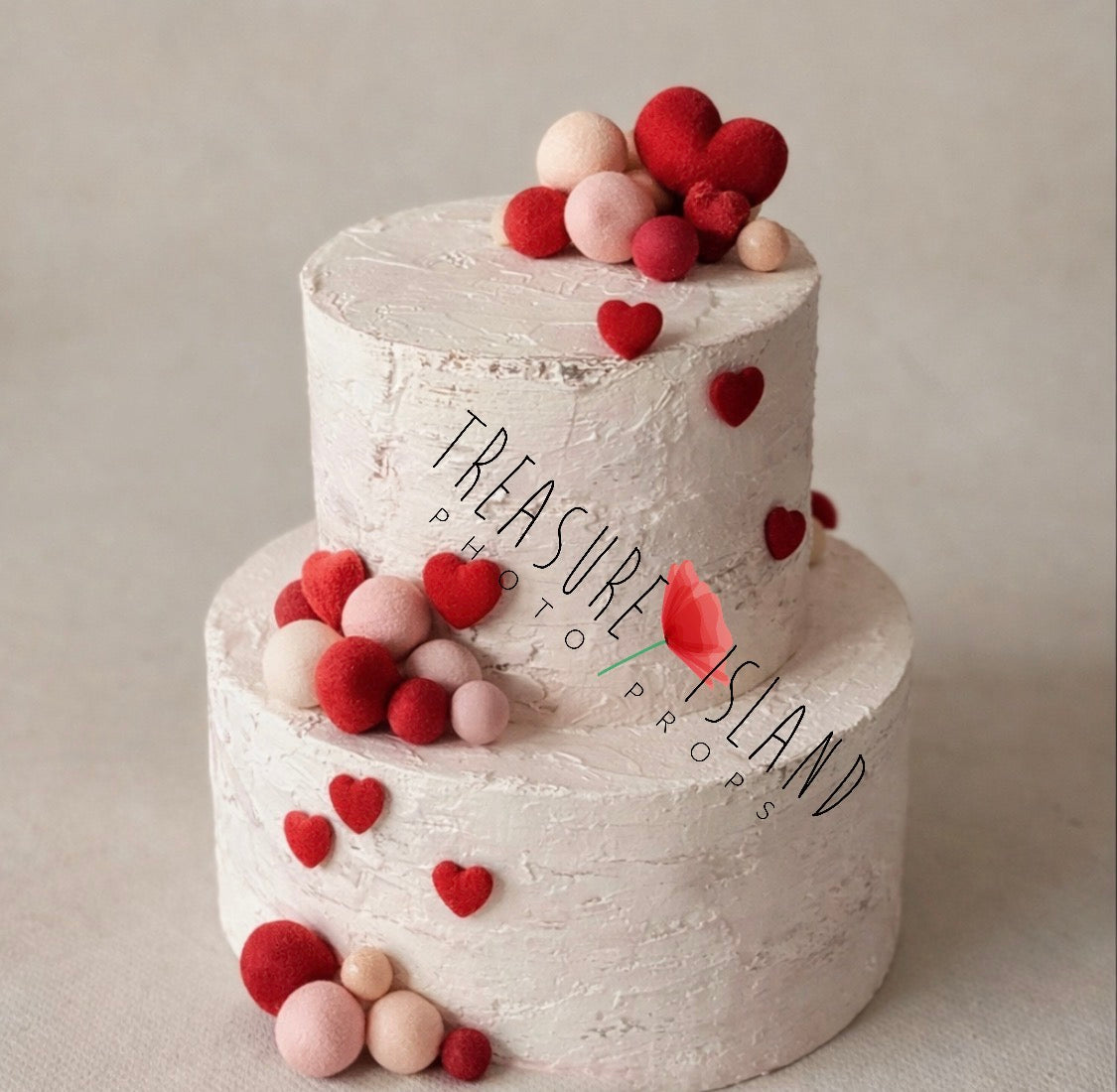 Valentine’s Cake Smash Prop – Handcrafted Styrofoam Cake with Felted Hearts