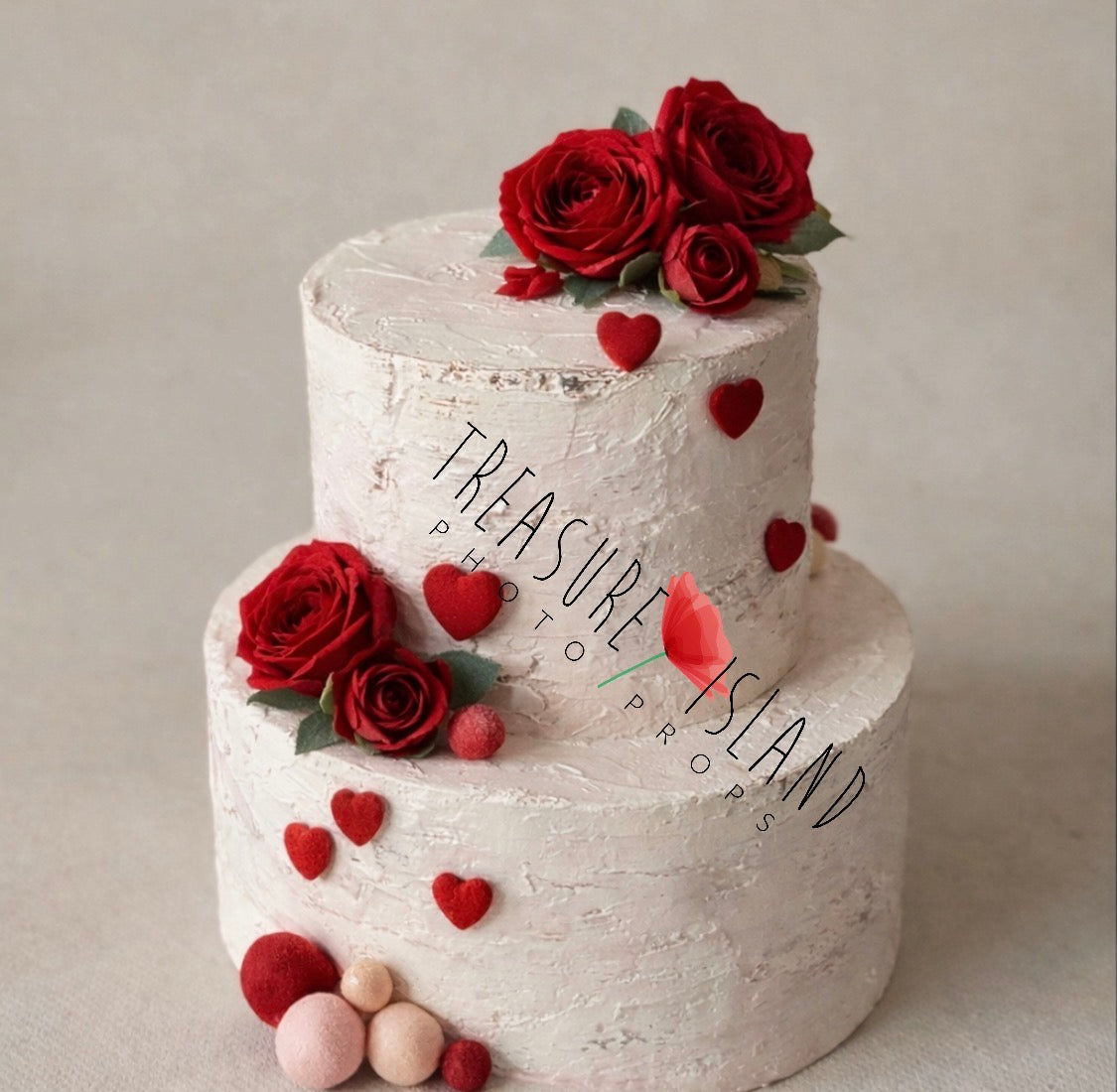 Valentine’s Cake Smash Prop with Red Roses – Handcrafted Styrofoam Cake & Felted Hearts