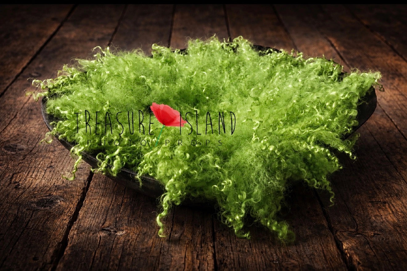 Green Apple hand felted curly wool blanket with natural sheep curls for newborn and sitter photography