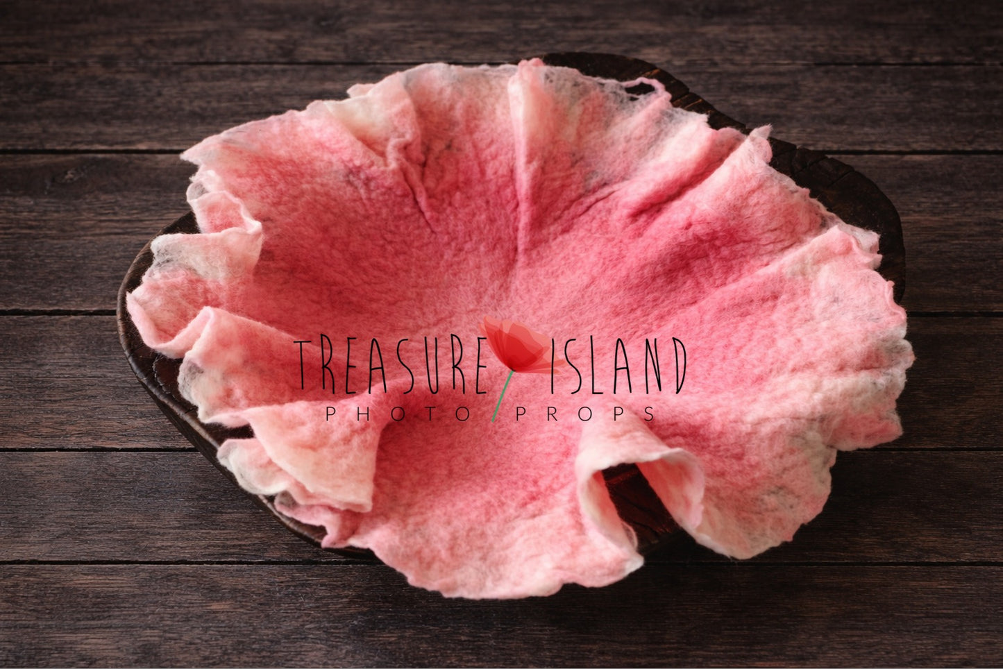 Petal Nest Blanket – Blush Cloud, hand felted newborn photography prop in blush pink with powder pink center, organic flower shape, luxury fine art baby photo styling backdrop