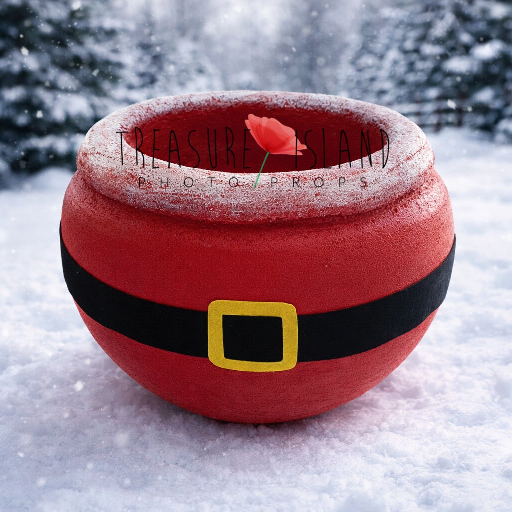 Santa Claus belt bowl newborn photography prop – red Christmas photo prop with black belt and yellow buckle, winter holiday studio accessory for newborn and sitter sessions