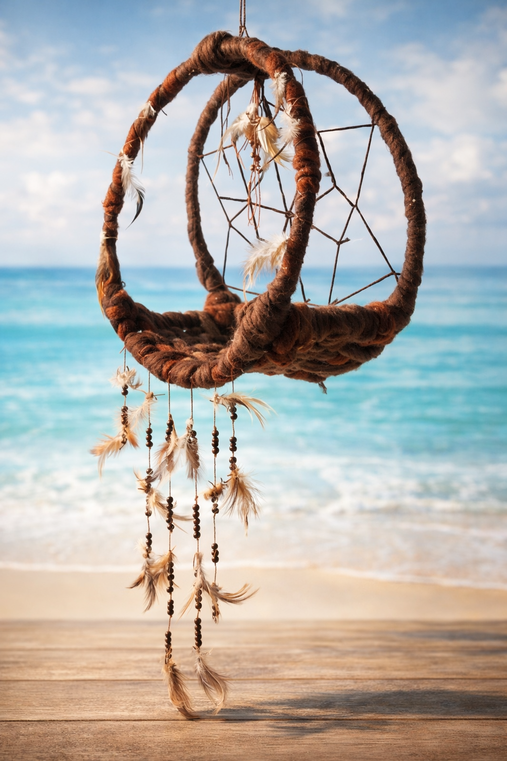 Handmade wool-wrapped dream catcher newborn photography swing prop with wooden beads and natural feathers, styled against soft ocean background.