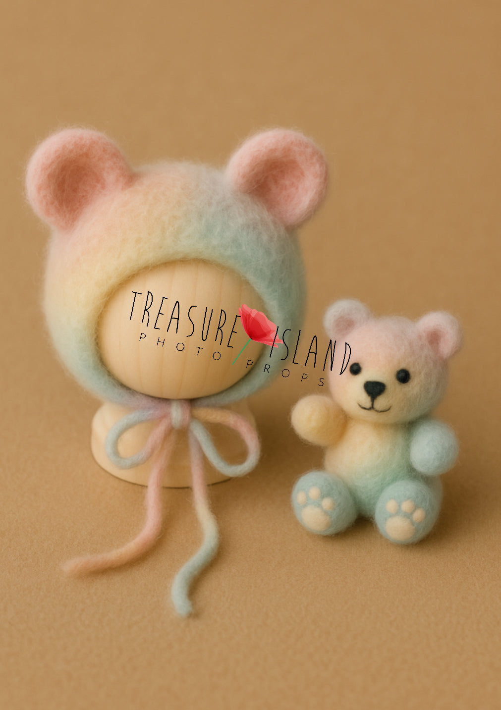 Felted Bear Bonnet Set – Pastel Rainbow Edition