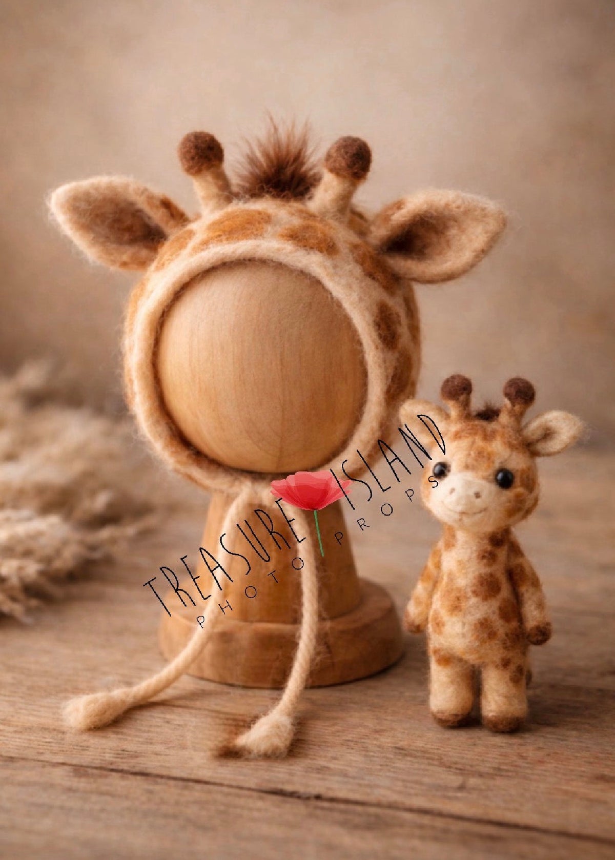 Handmade felted giraffe set for newborn and sitter Safari photography sessions
