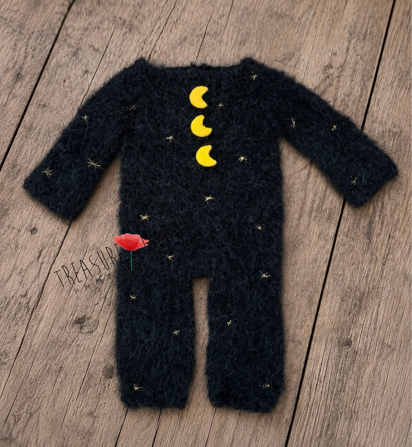 Black celestial Witch romper with golden moon and star details for Fine Art baby photography