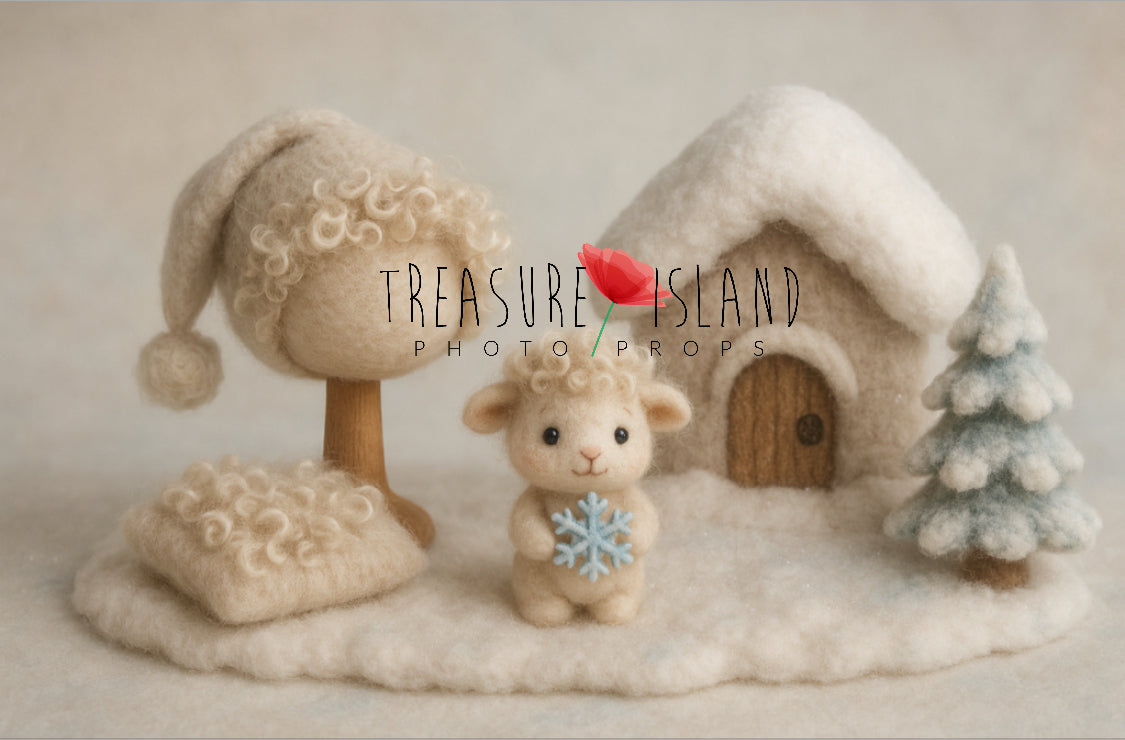 Christmas lamb photography set with pixie bonnet, curly wool layer and felted snowflake lamb