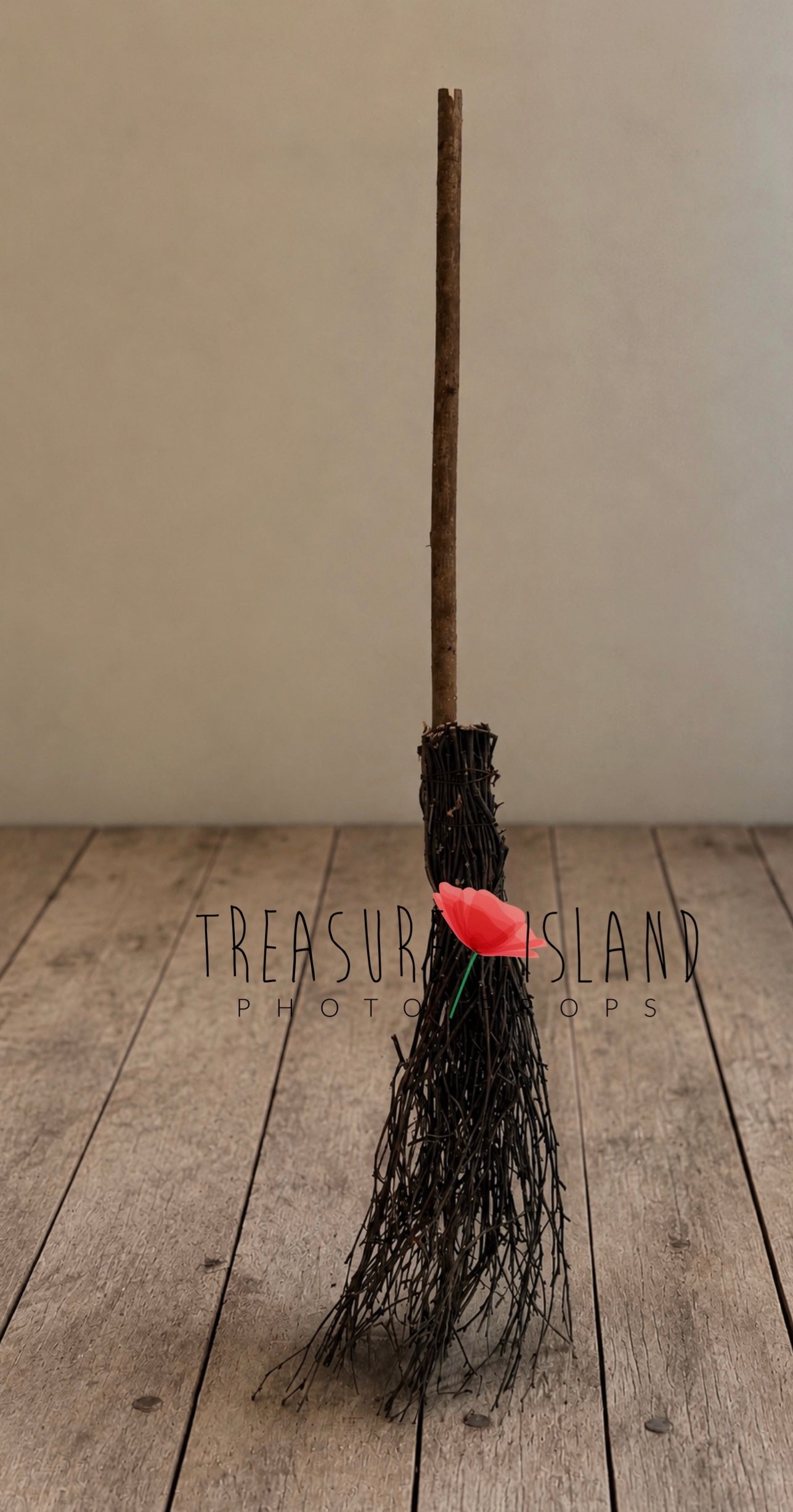 Handmade Classic Witch Broom with natural wooden handle and branches for Halloween photography