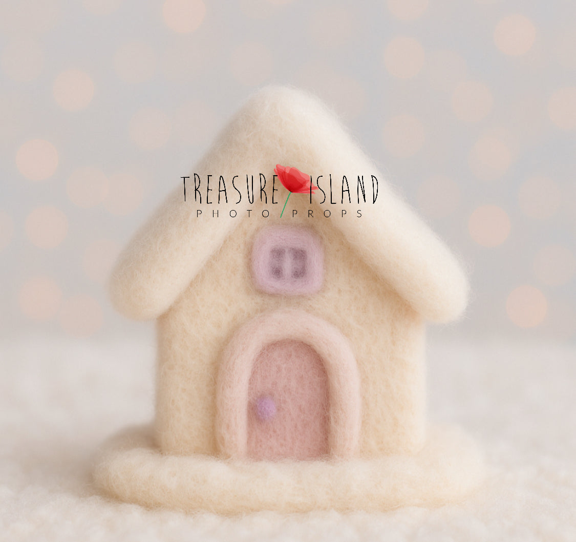 Handmade felted Candy Snowy Cottage in cream blush and lilac for newborn and sitter photography