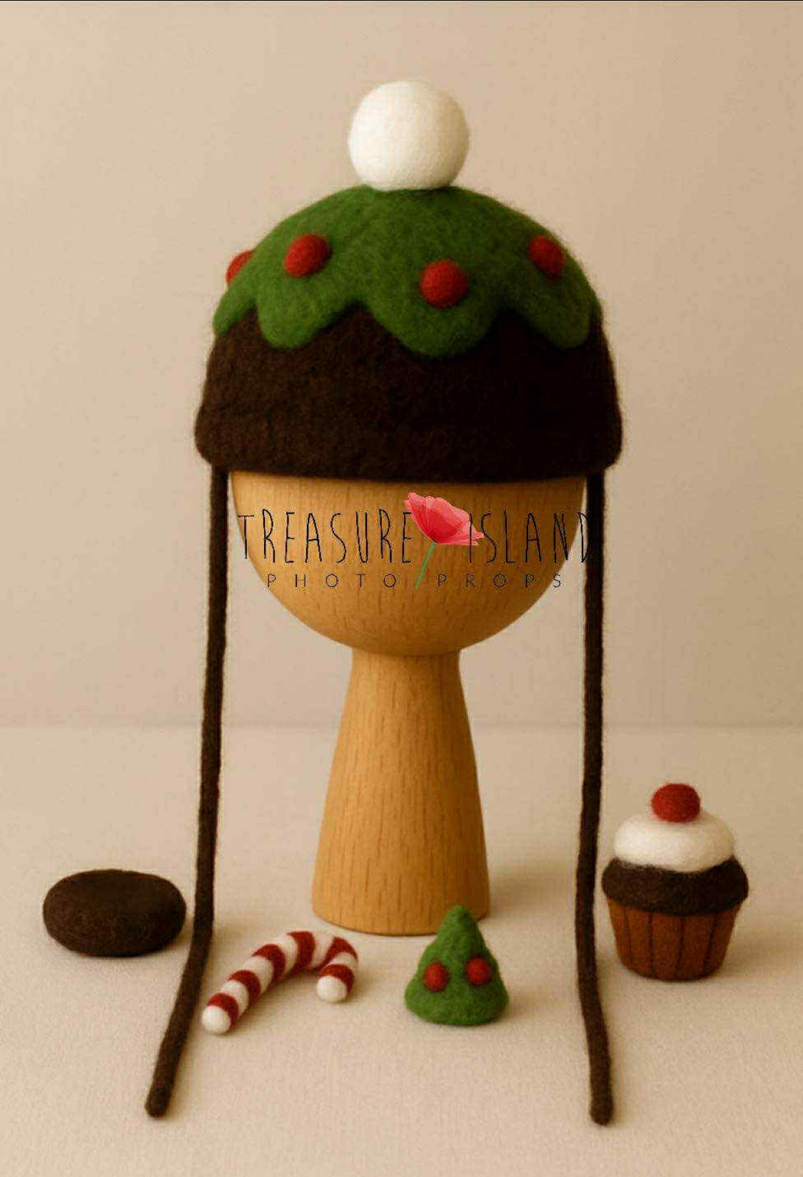 Hand-felted Christmas cupcake bonnet with mini cupcake, candy cane, tree and chocolate cookie photography props