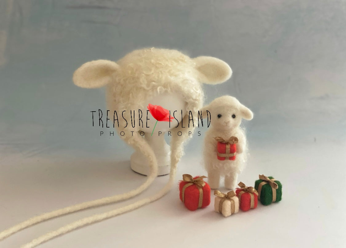 Handmade lamb bonnet with natural wool curls, felted sheep and miniature Christmas gift props