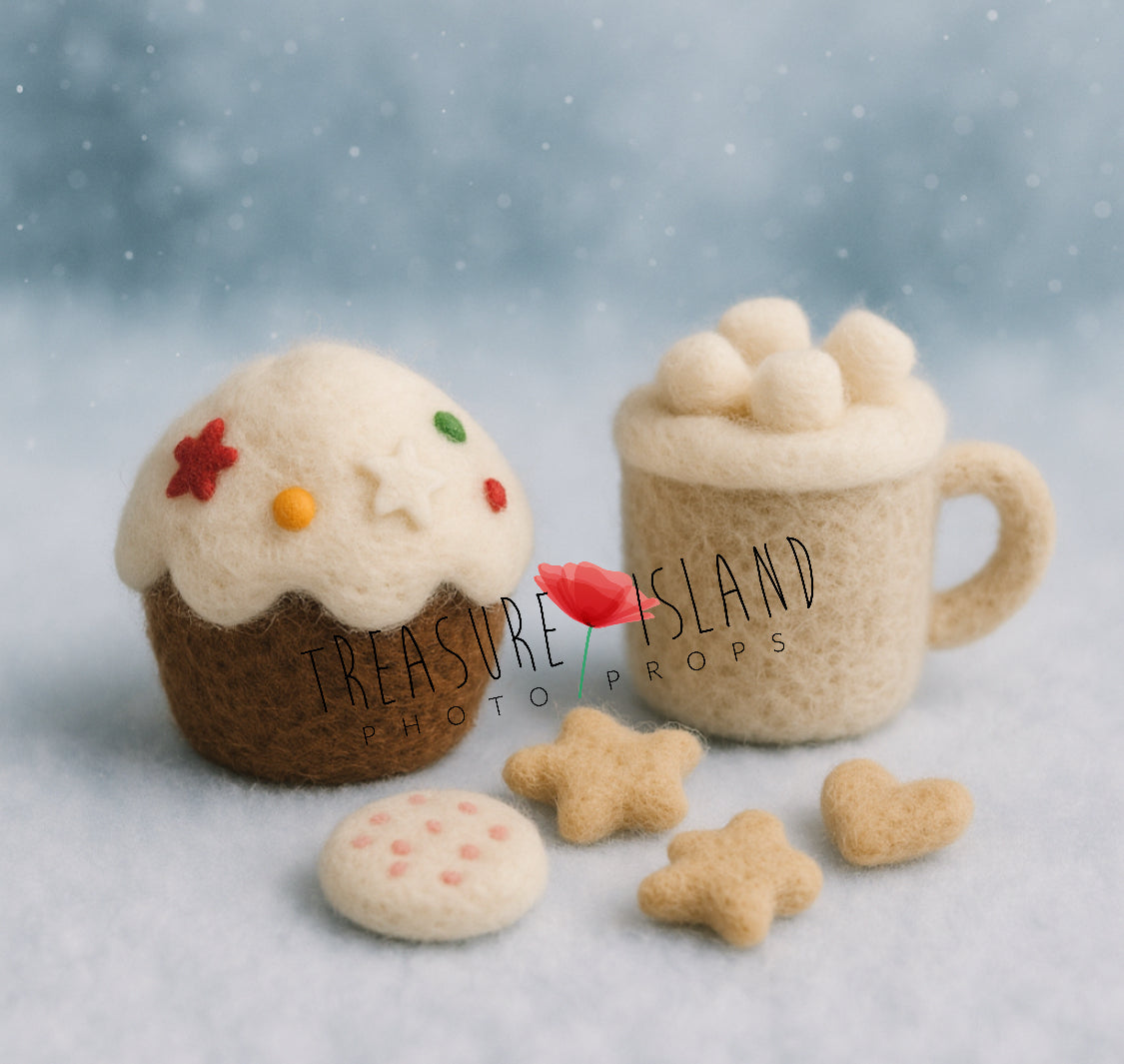 Handmade felted cupcake, marshmallow drink and miniature sweets for newborn photography