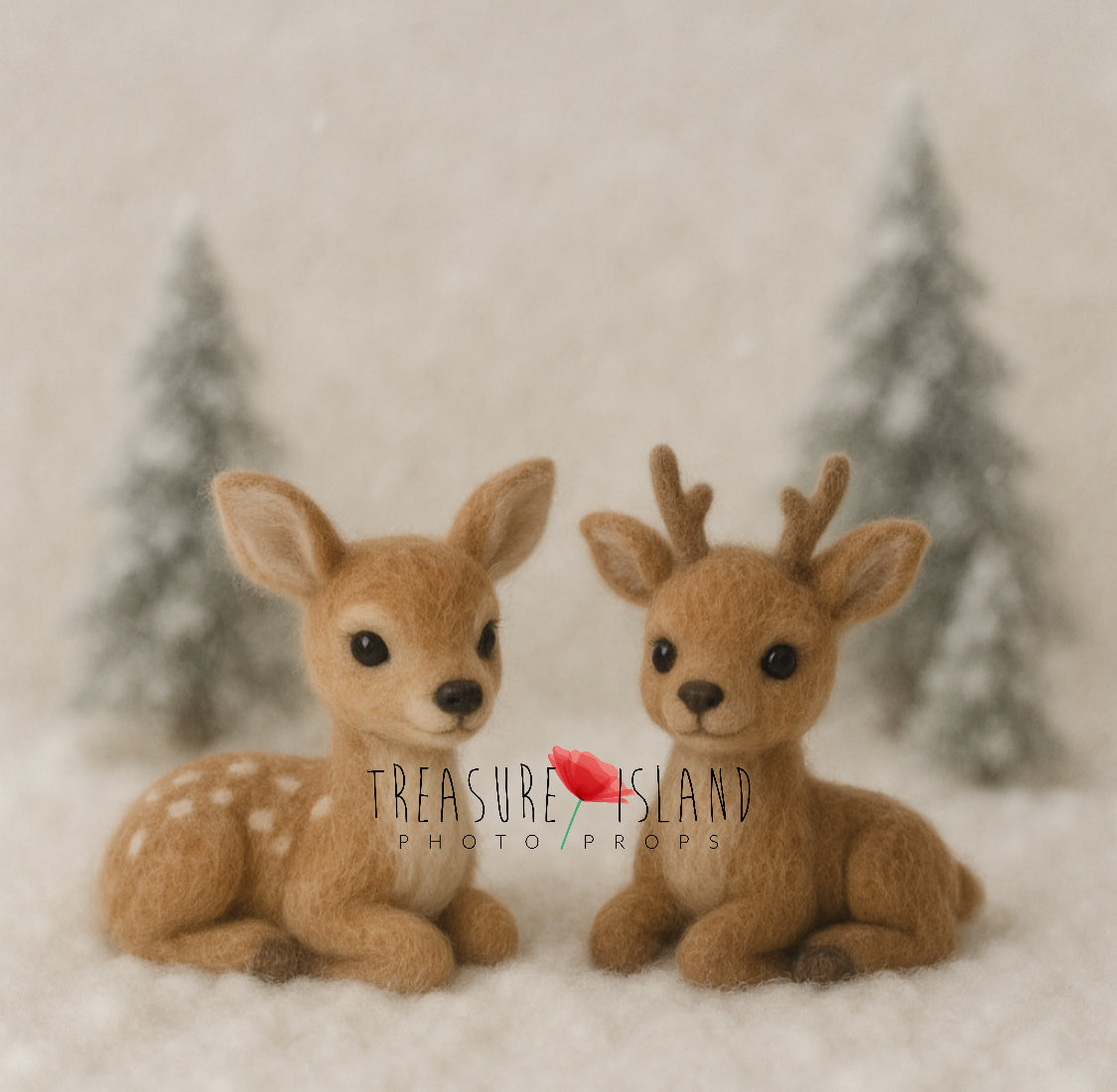 Hand-felted wool fawn and reindeer miniature photography props in a snowy winter woodland scene