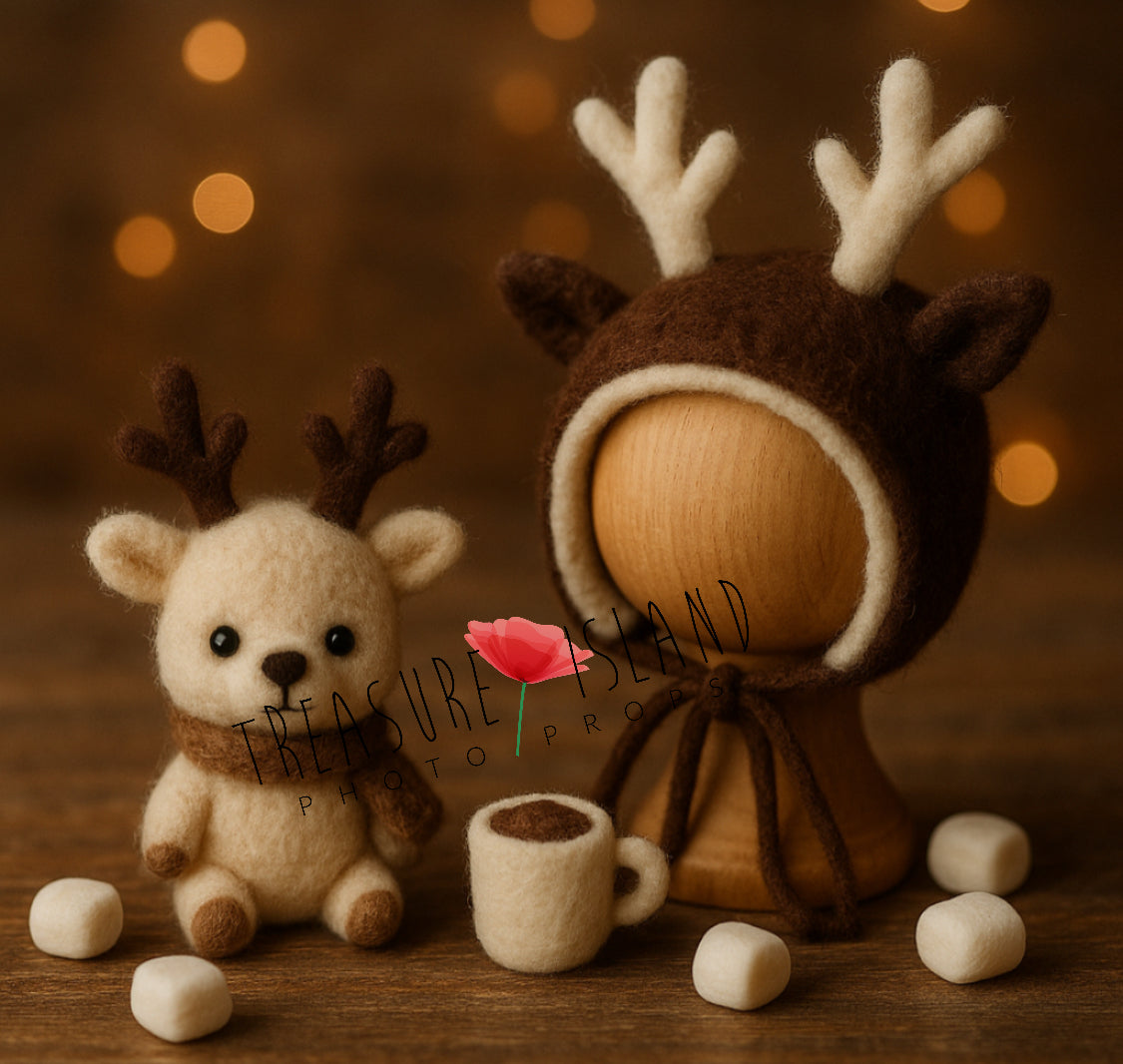 Handmade felted reindeer Hot Cocoa set with bonnet, miniature reindeer, cocoa cup and marshmallows for newborn photography