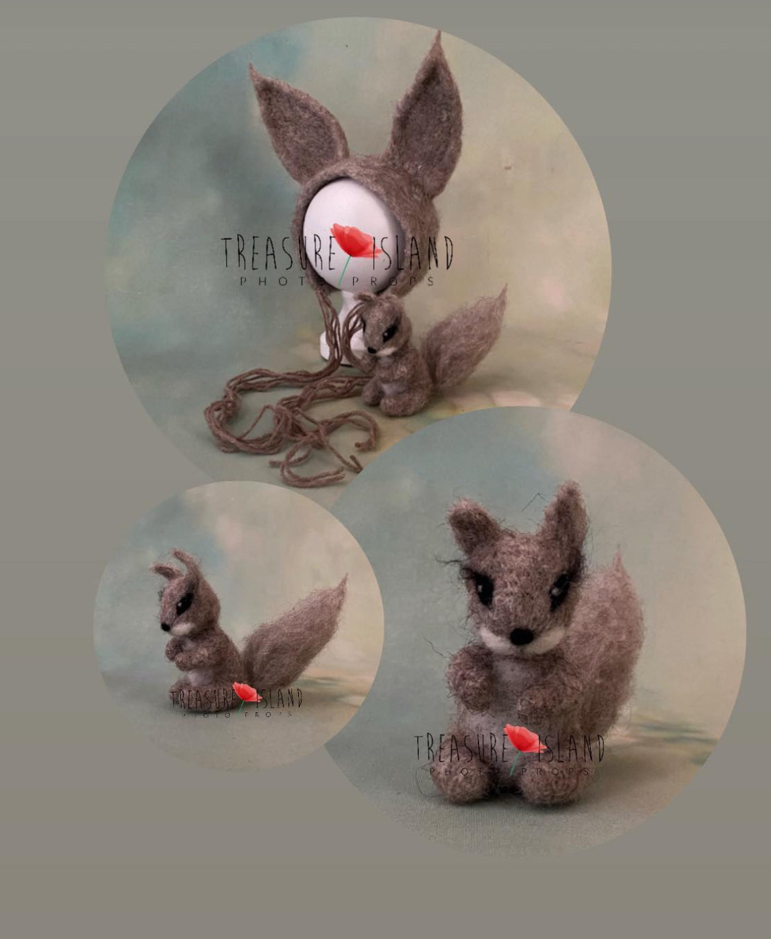 Hand-felted squirrel bonnet and miniature squirrel companion shown as woodland photography props
