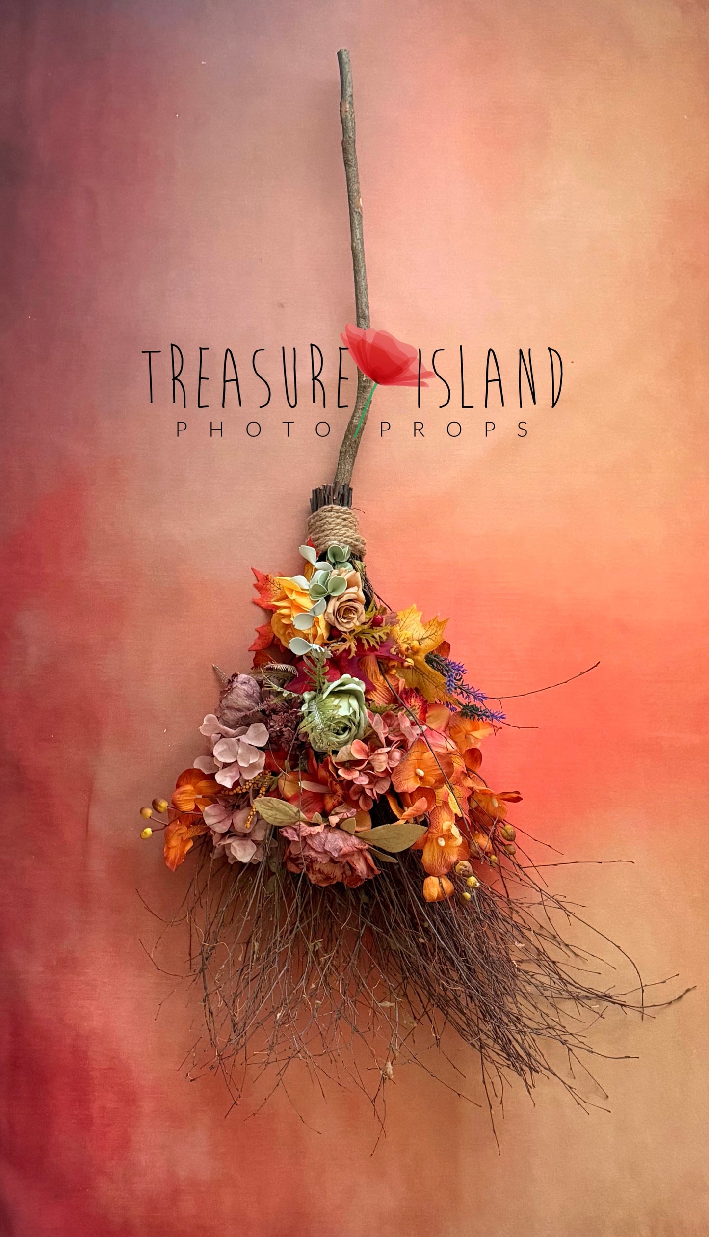 Handmade floral witch broom with natural birch branches for autumn and Halloween photography