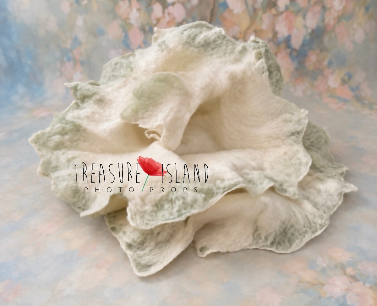 Natural white hand-felted newborn wrap with eucalyptus edges for fine art photography