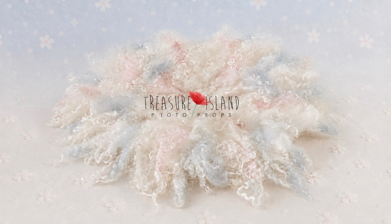 Snow Flower curly wool newborn photography blanket in white, blush pink and icy blue