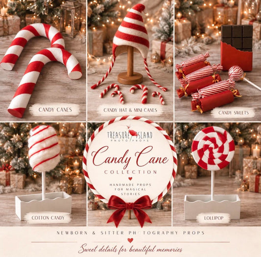 Candyland Christmas photography props for newborn, sitter and children's photo sessions, including giant candy canes, peppermint props and a felted newborn bonnet