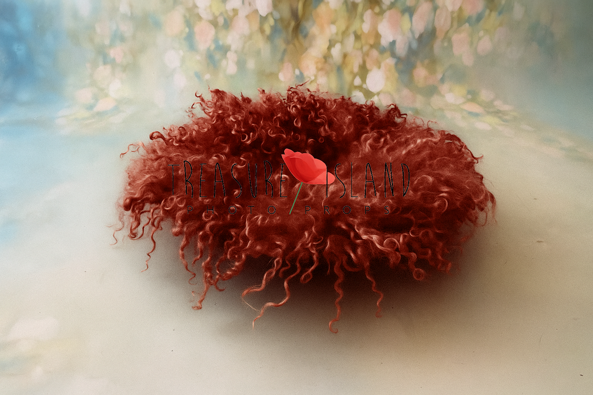 Rust curly blanket made of natural wool and sheep curls, newborn photography prop
