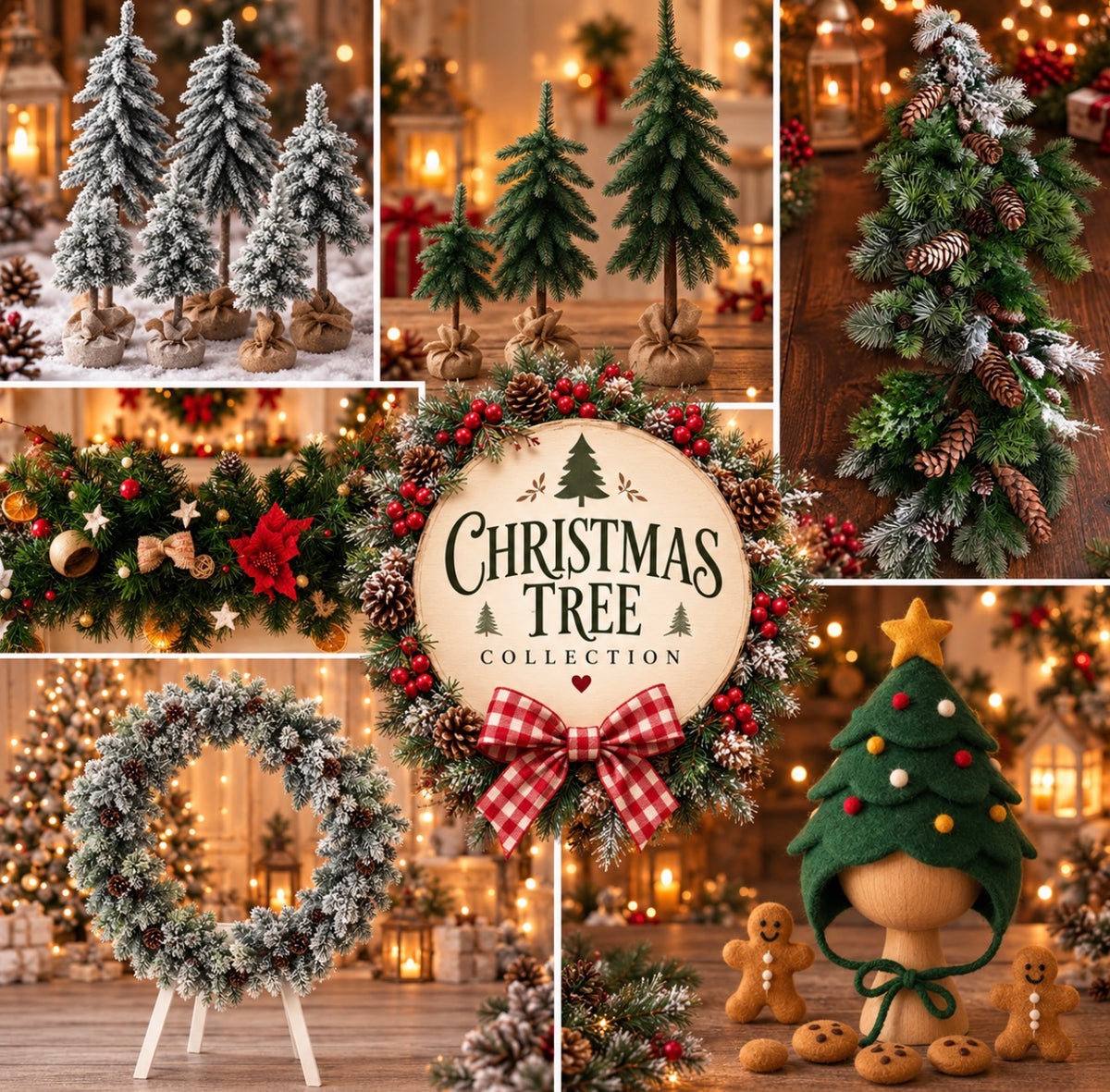 Christmas tree photography props with green and snow-covered trees, festive garlands and felted tree bonnet