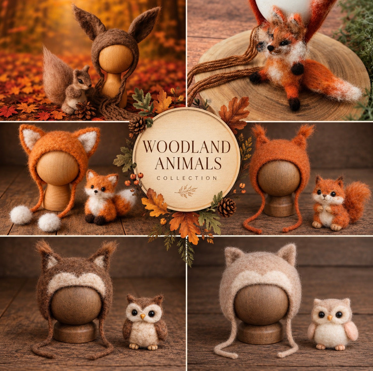 Collage of handmade woodland animal photography props featuring fox, squirrel and owl bonnets with small animal companions