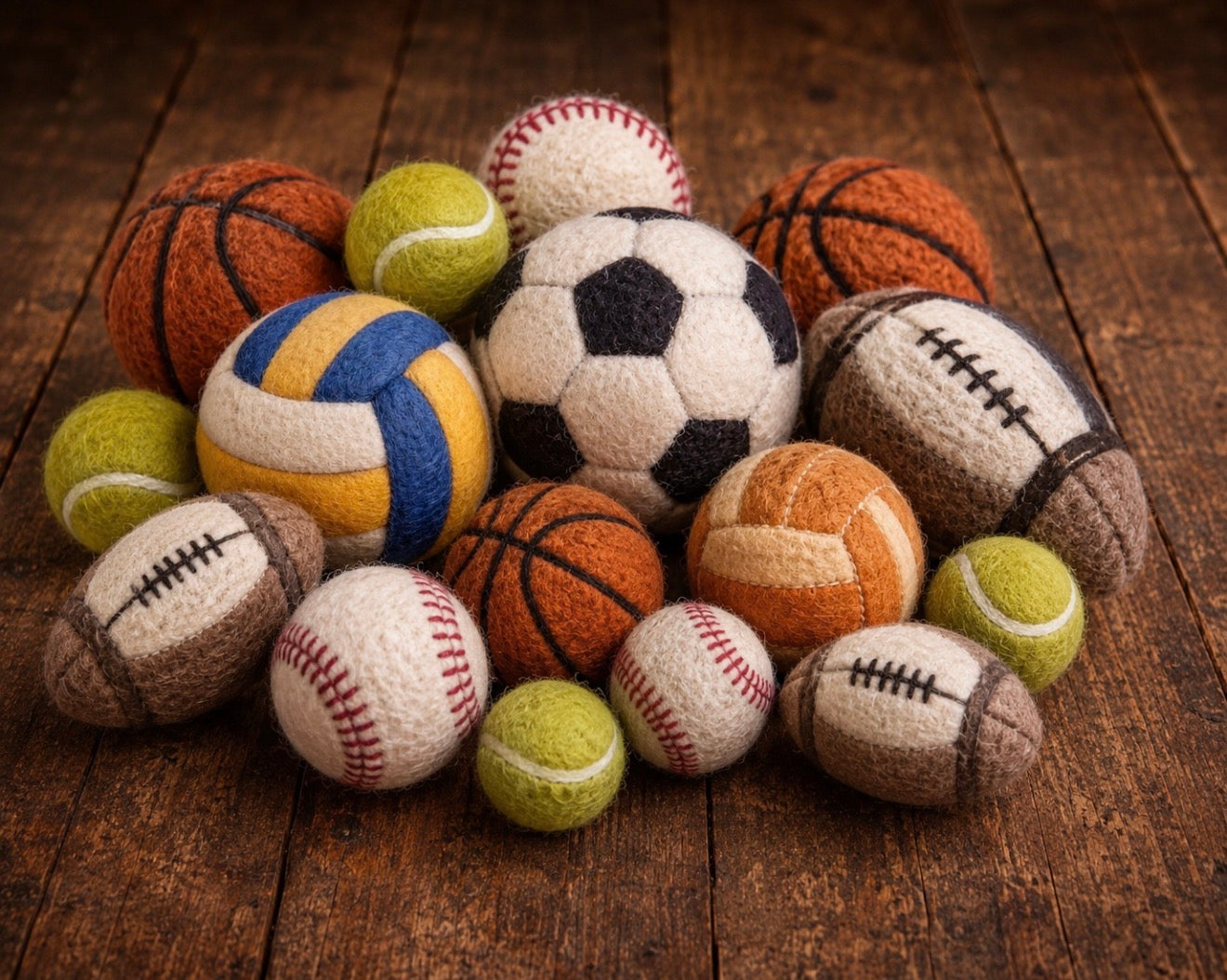 Handmade felted sports balls for newborn photography including football, basketball, baseball, tennis, volleyball and rugby