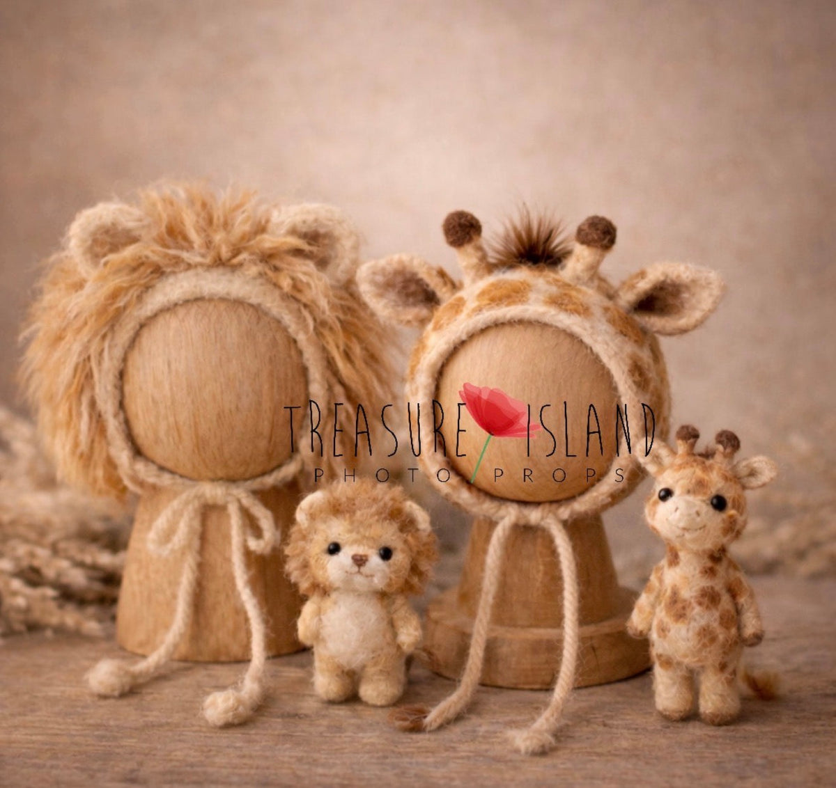 Handmade lion and giraffe photography props with animal bonnets and miniature felted animals for newborn and sitter Safari sessions