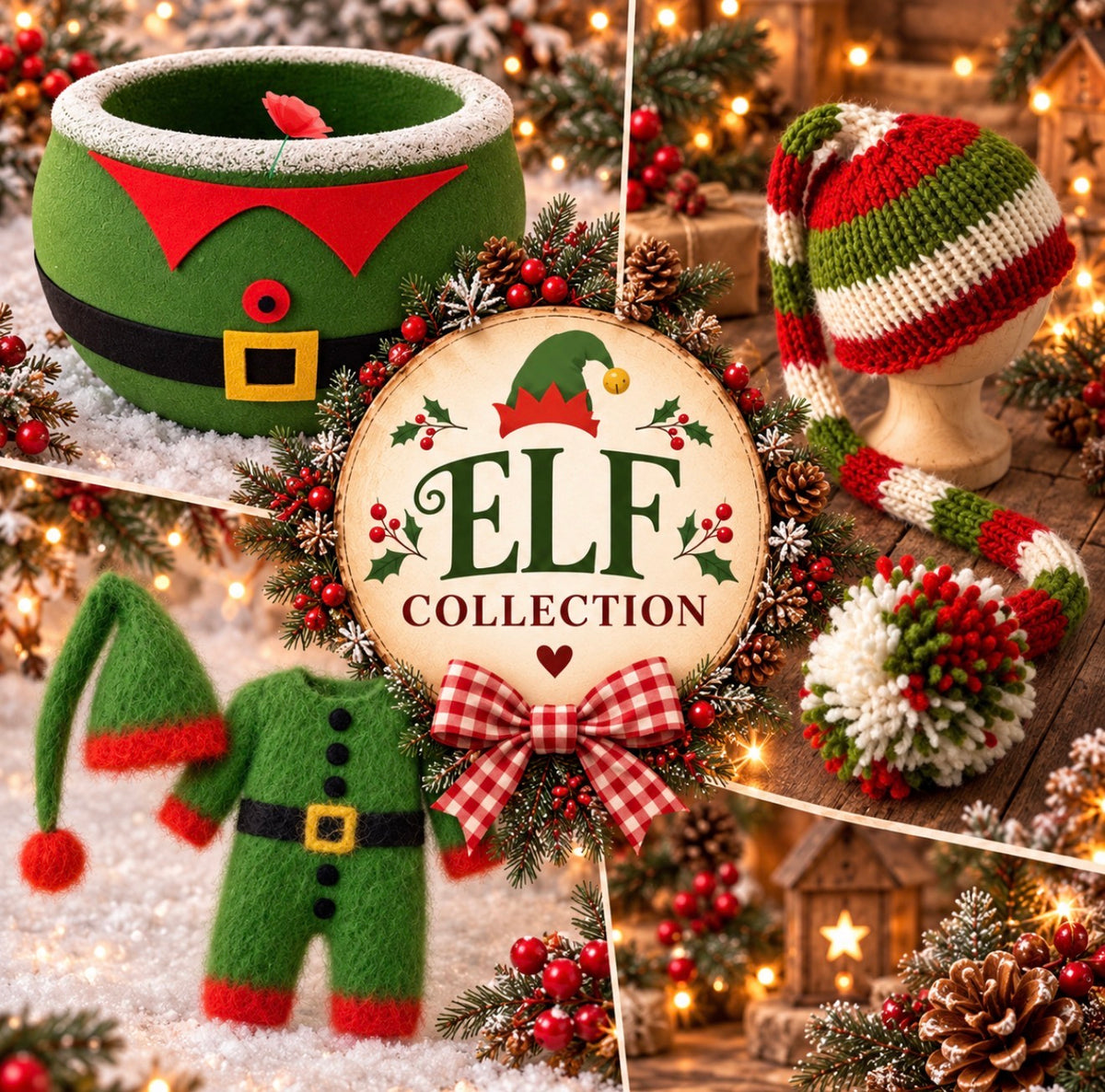 Elf Christmas photography props with Elf Bowl, knitted outfit, hat and festive accessories