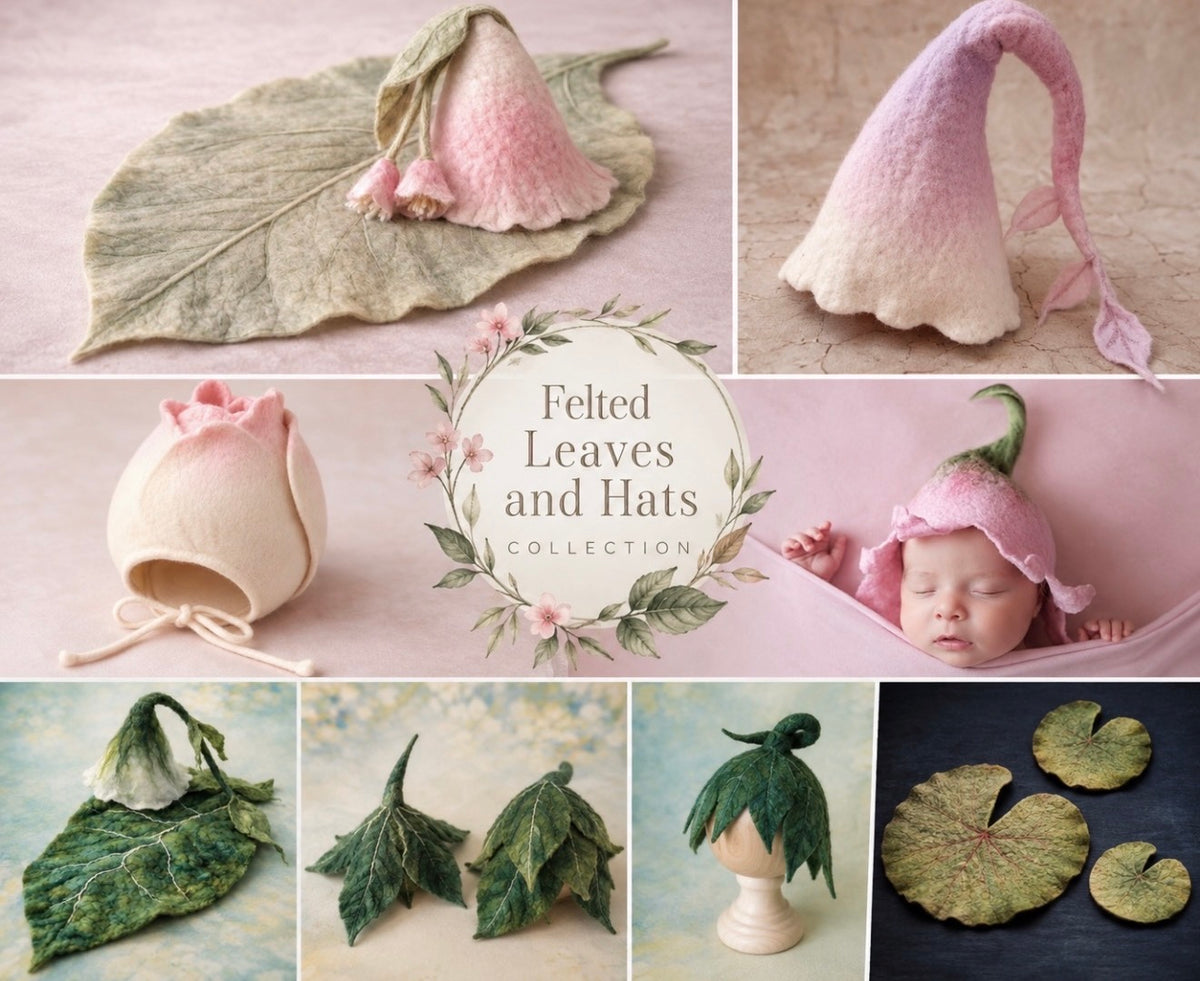 Handmade felted botanical leaves and flower bonnets for newborn, woodland and Fine Art photography sessions