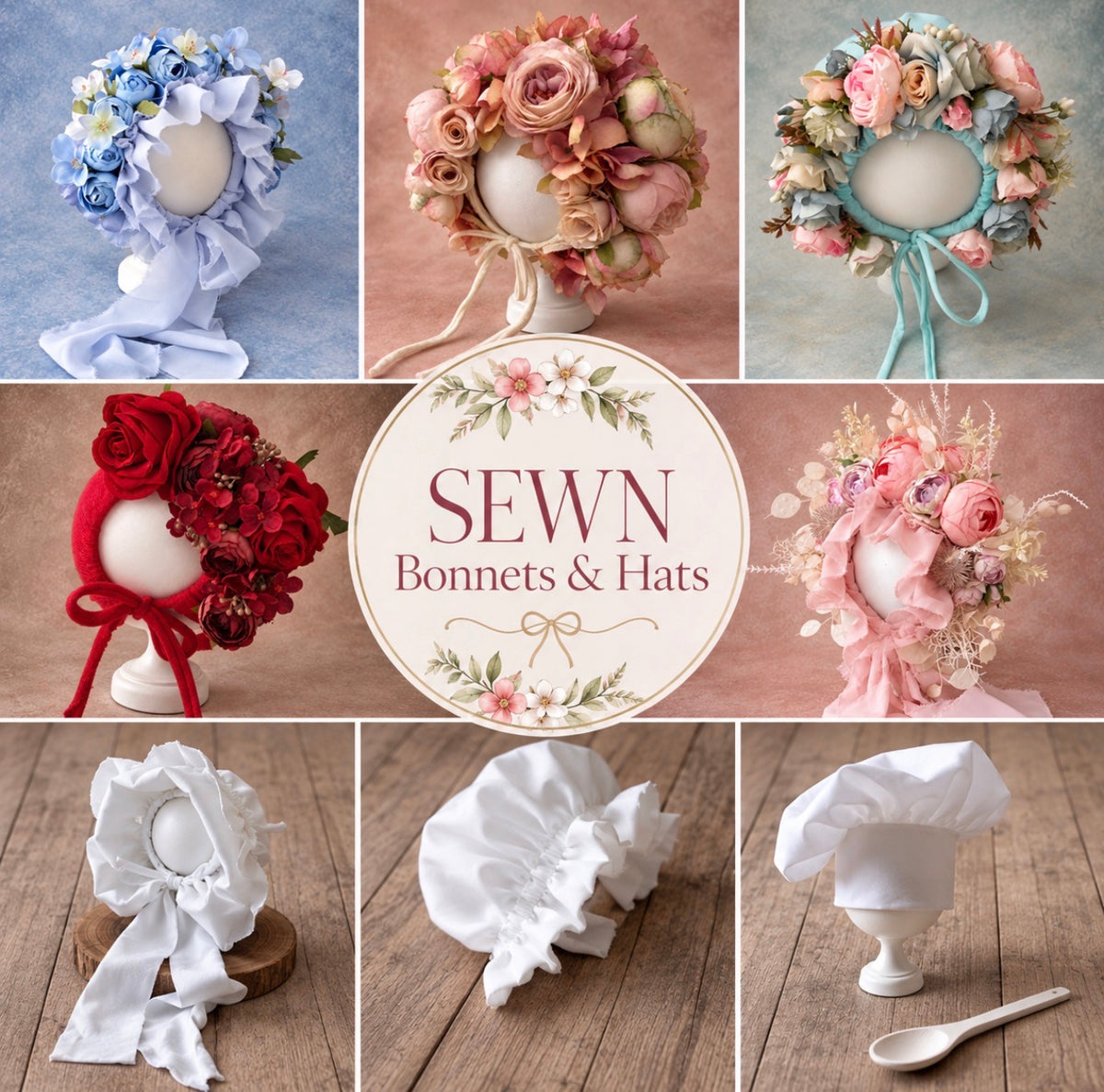 Collage of handmade sewn bonnets and hats including floral, vintage-inspired, classic fabric and chef designs for newborn and sitter photography