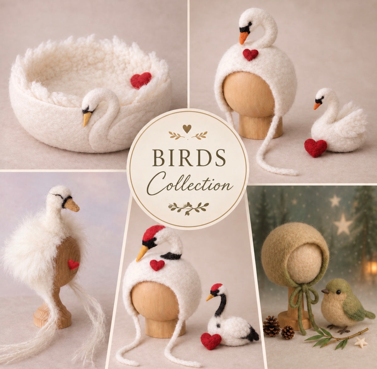 Handmade bird photography props with swan bonnets, felted birds and bird-inspired designs for newborn, sitter and Fine Art photography