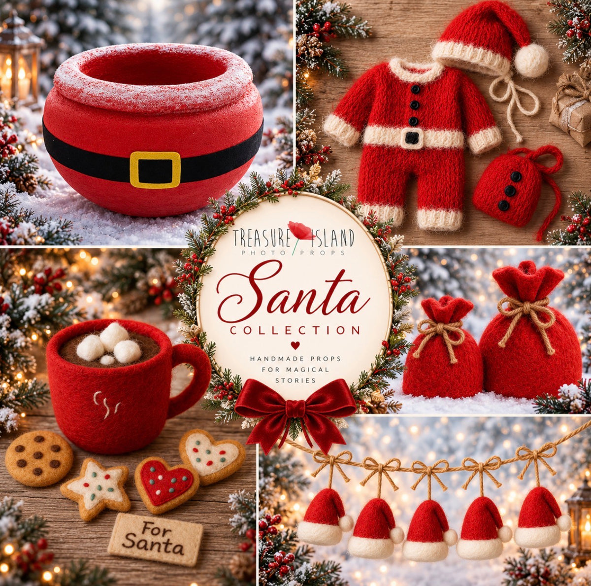 Santa Christmas photography props with Santa bowl, knitted outfit, felted sacks, cookies and Santa hat garland